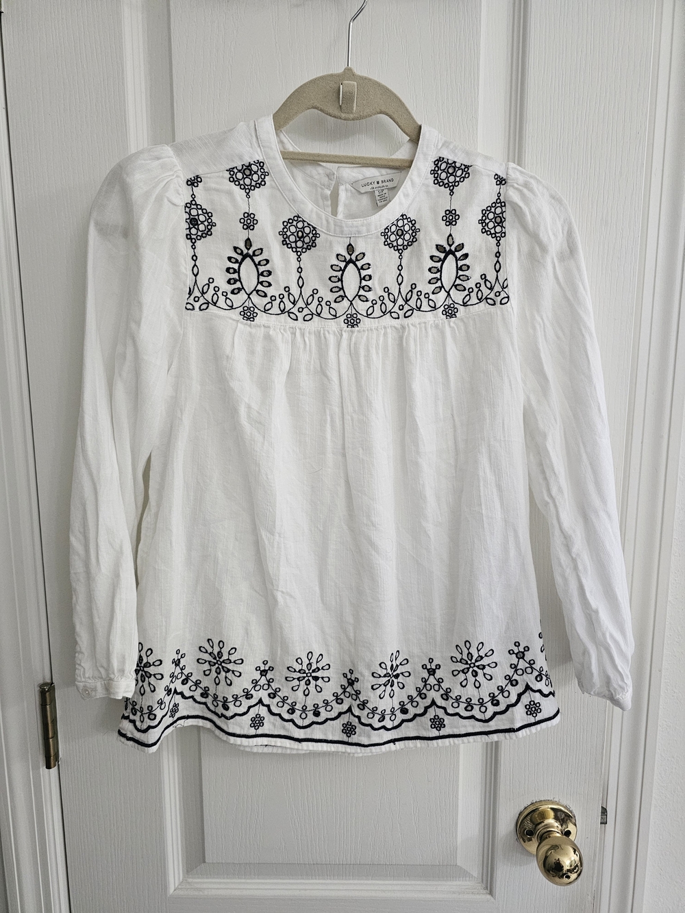 Lucky Brand White Blouse with Black Embroidered Yoke
